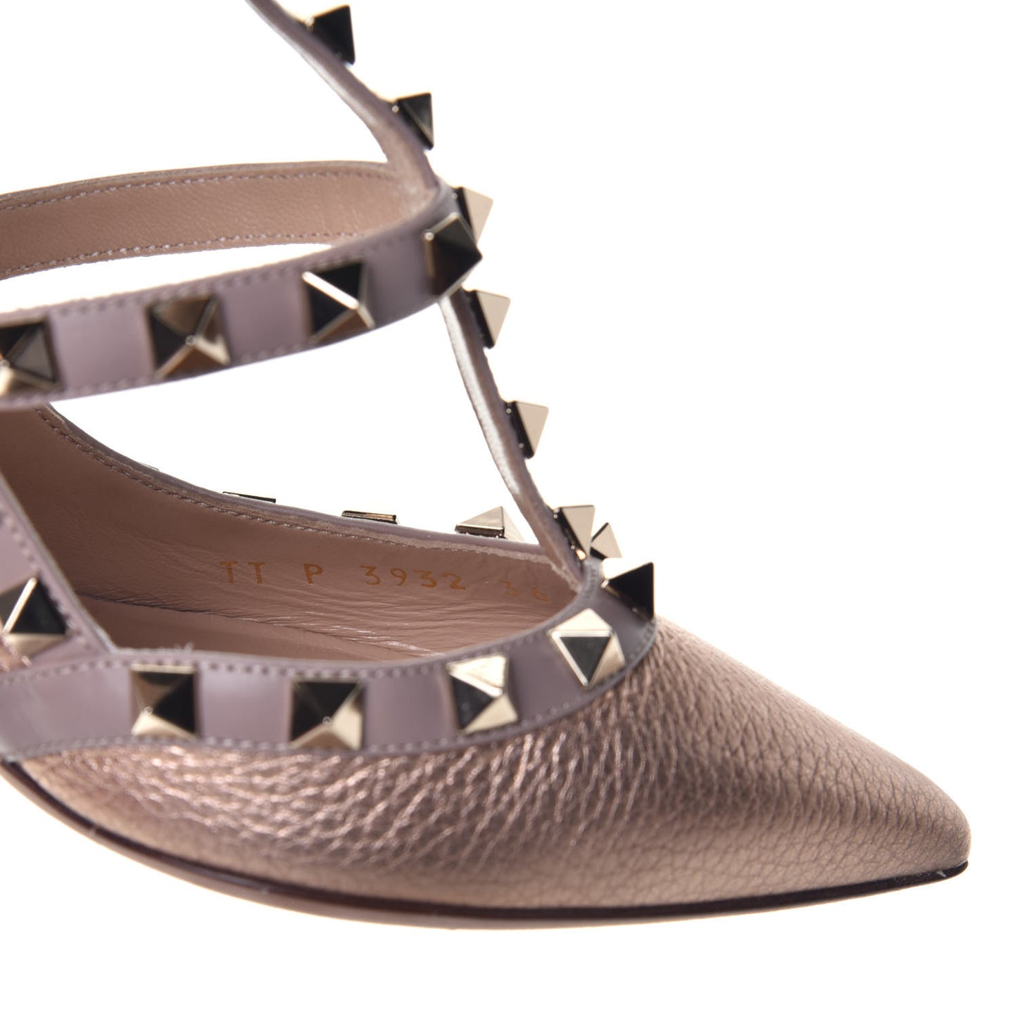 Metallic Pebbled Calfskin Rockstud Ankle Strap 100mm Pumps 36 Rame Poudre