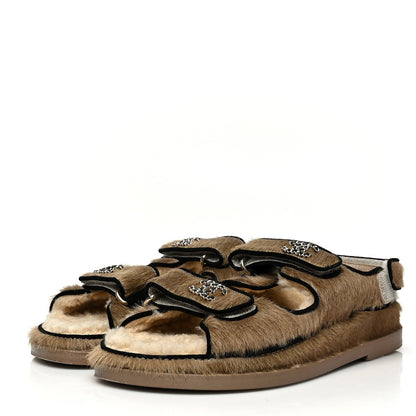 Chanel Calf Hair Suede Shearling Dad Sandals 36 Beige 3 of 7