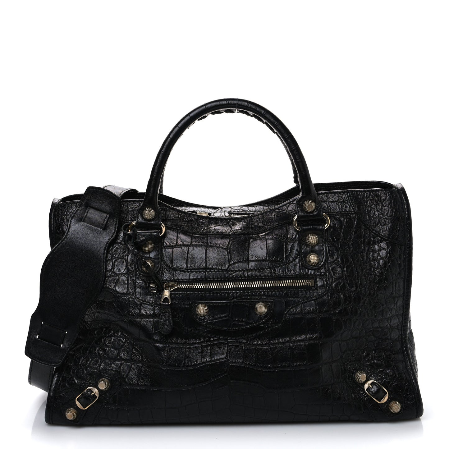 Calfskin Crocodile Embossed Giant 12 Gold Hardware City Black