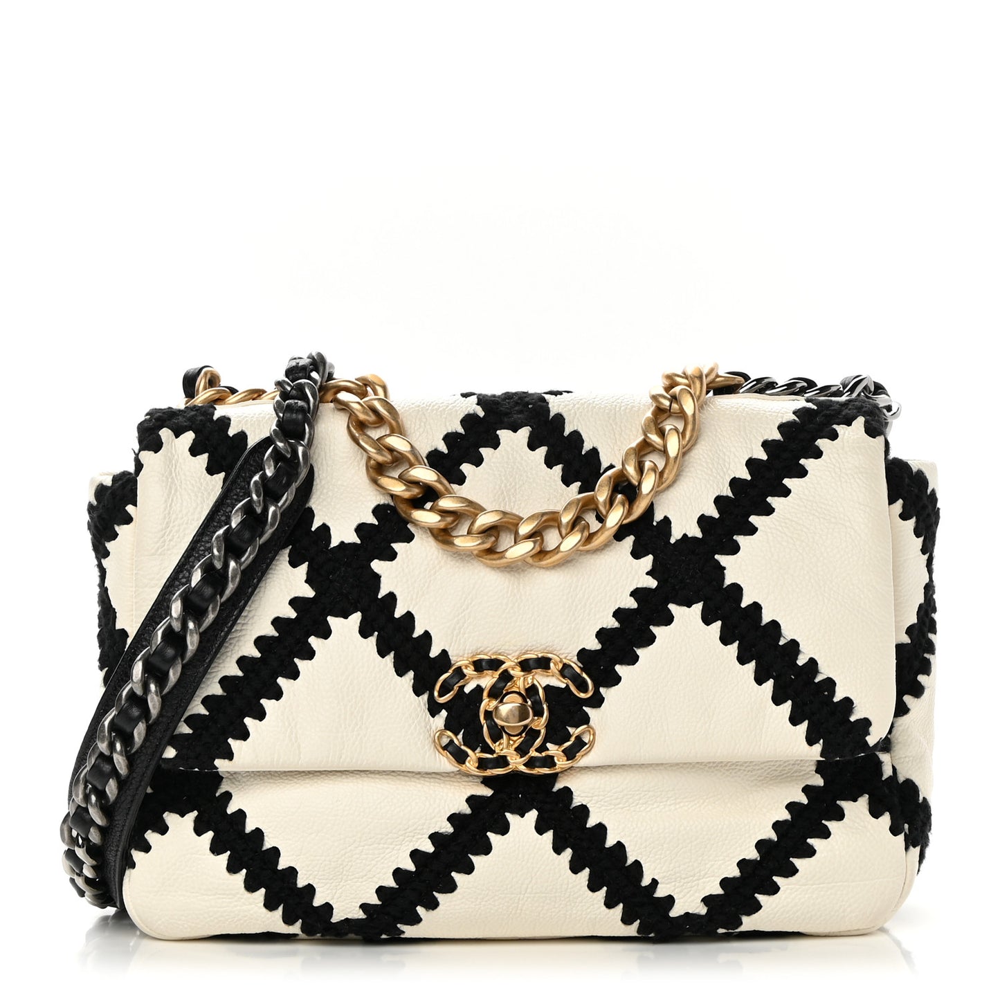 Calfskin Crochet Medium Chanel 19 Flap White Black