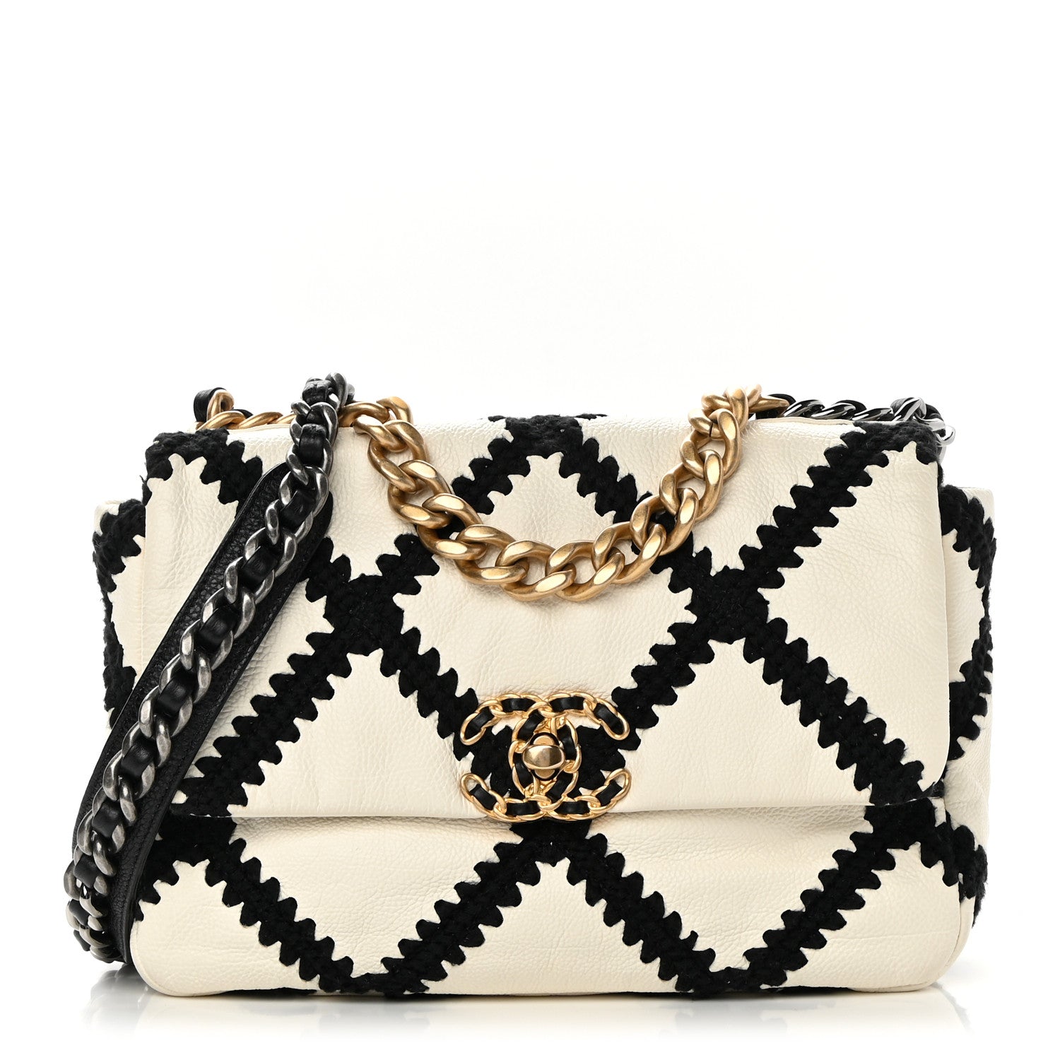 Chanel Calfskin Crochet Medium Chanel 19 Flap White Black 1 of 13