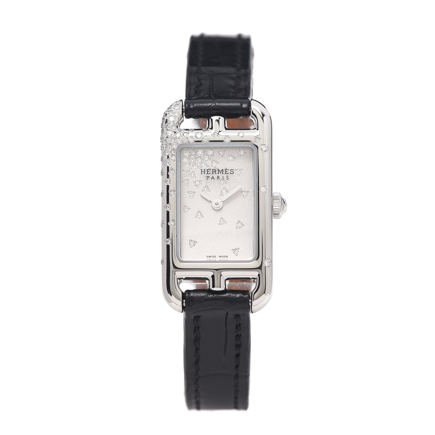 Hermes Stainless Steel Alligator Diamond 17mm Nantucket Jete De Diamants Quartz Watch Noir 1 of 5