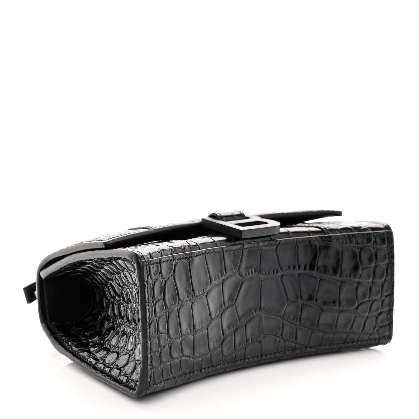 Shiny Calfskin Monochrome Crocodile Embossed Hourglass Top Handle Bag XS Black