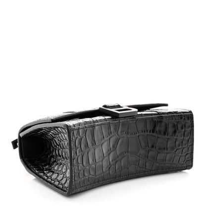 Balenciaga Shiny Calfskin Monochrome Crocodile Embossed Hourglass Top Handle Bag XS Black 4 of 10
