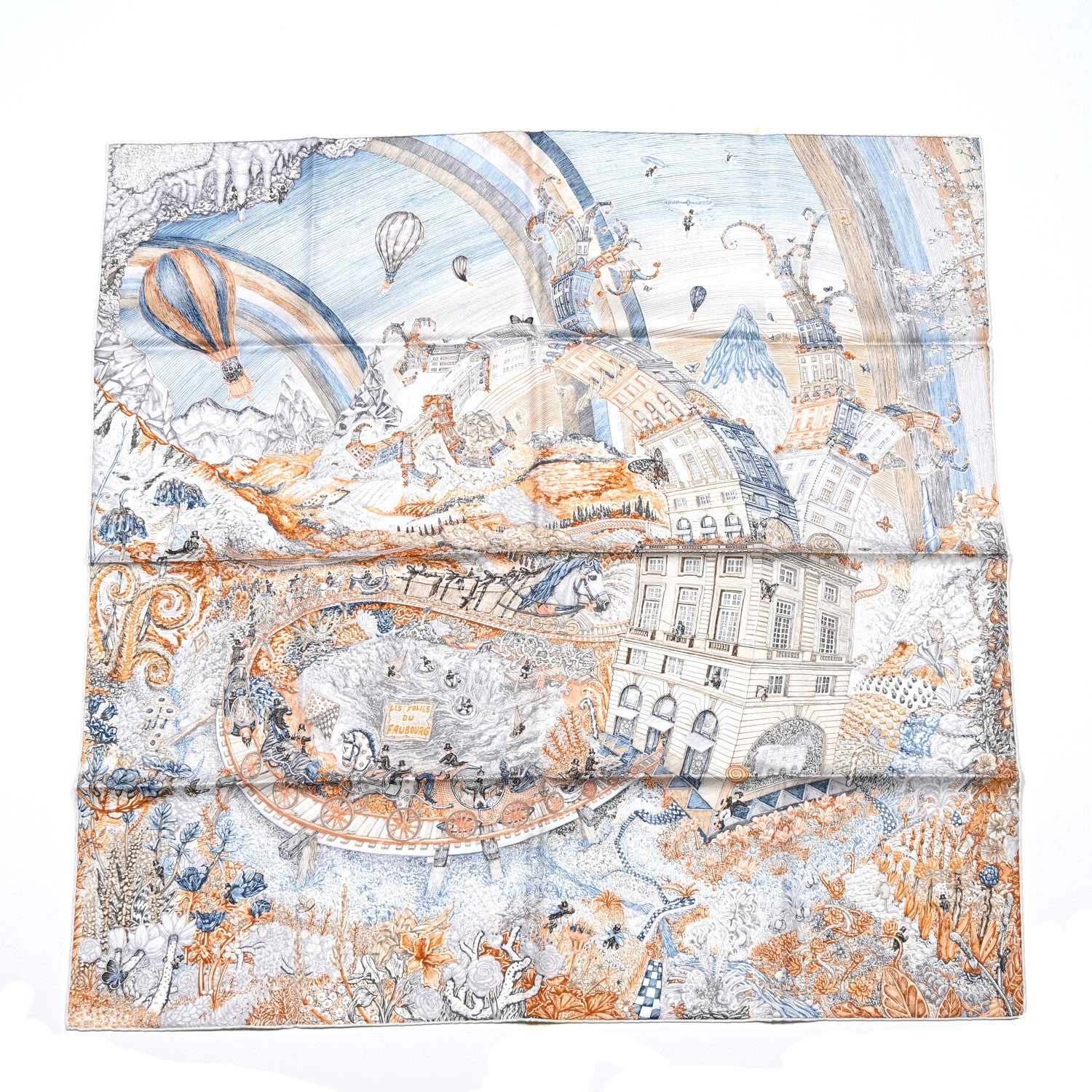 Hermes Silk Les Folies Du Faubourg Scarf 90 Bleu Jean Anthracite Cannelle 1 of 5