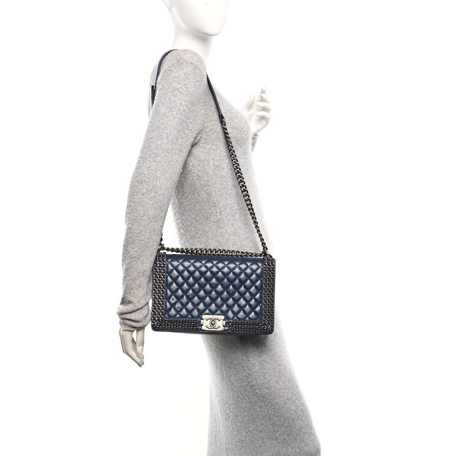 Chanel Glazed Calfskin Quilted New Medium Boy Chained Flap Navy 2 of 10