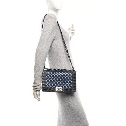 Chanel Glazed Calfskin Quilted New Medium Boy Chained Flap Navy 2 of 10