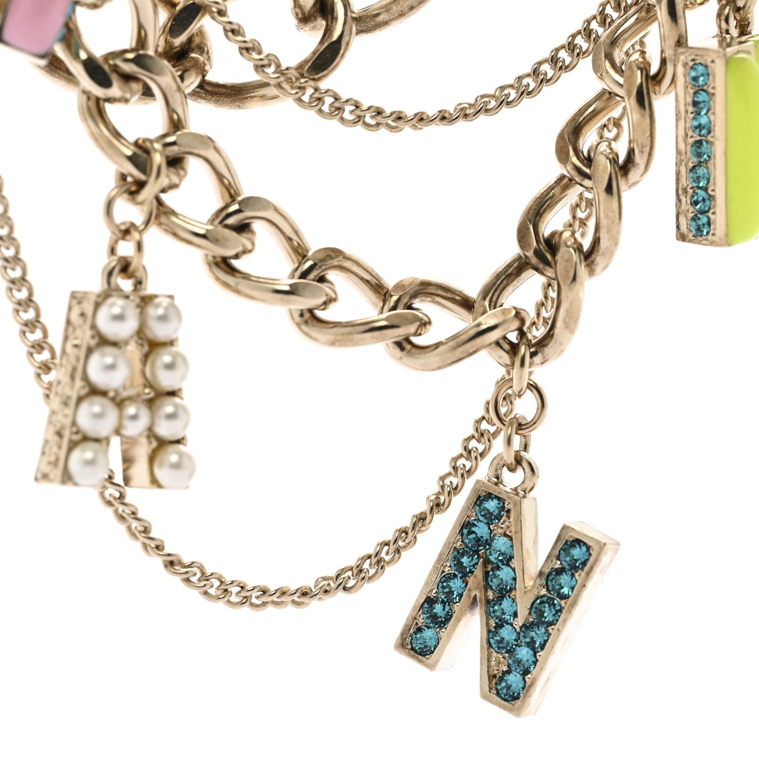Chanel Resin Pearl Crystal Logo Multi Chain Long Express Necklace Gold Multicolor 9 of 11