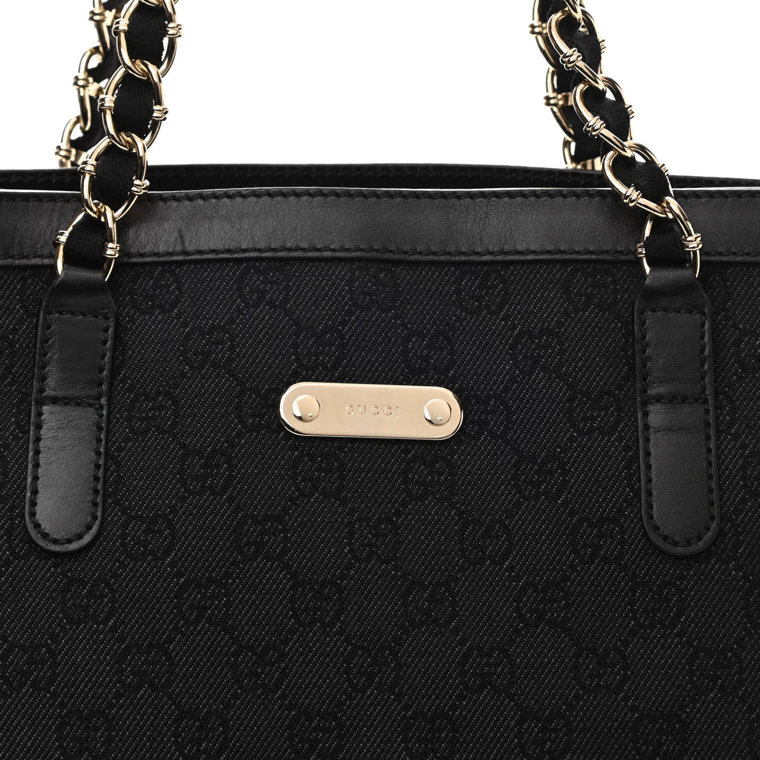 Gucci Denim Monogram Chain Bucket Tote Black 8 of 11