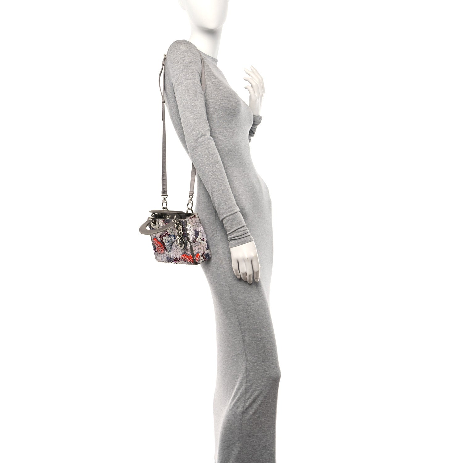 Christian Dior Satin Beaded Sequin Mini Lady Dior Grey Multicolor 2 of 11