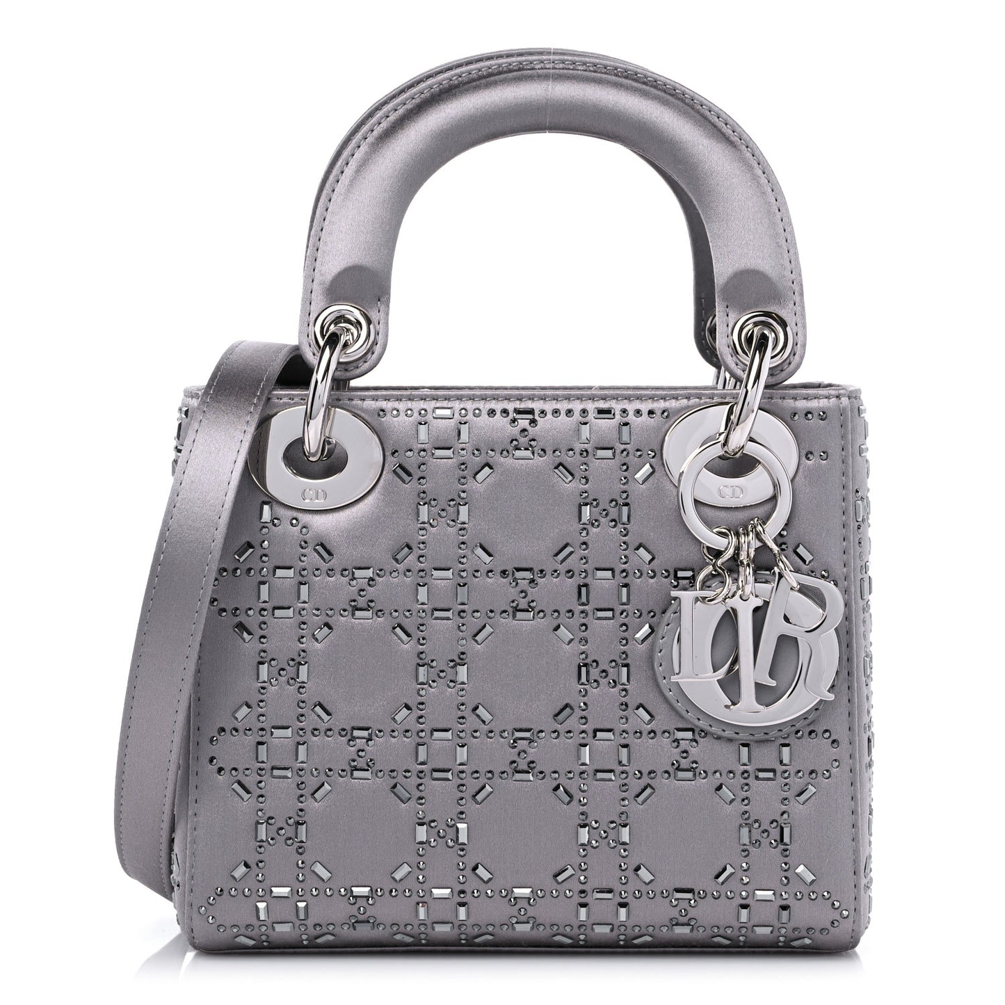 Satin Crystal Cannage Mini Lady Dior Gray