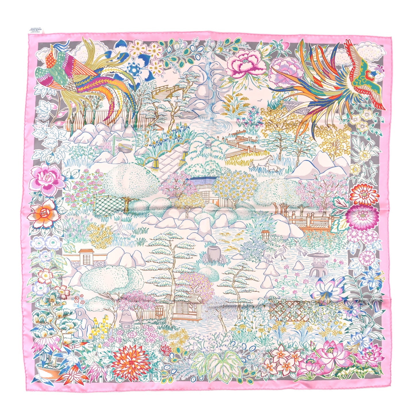 Silk Double Face Mille Feuilles Scarf 90 Rose Turquoise Multicolore