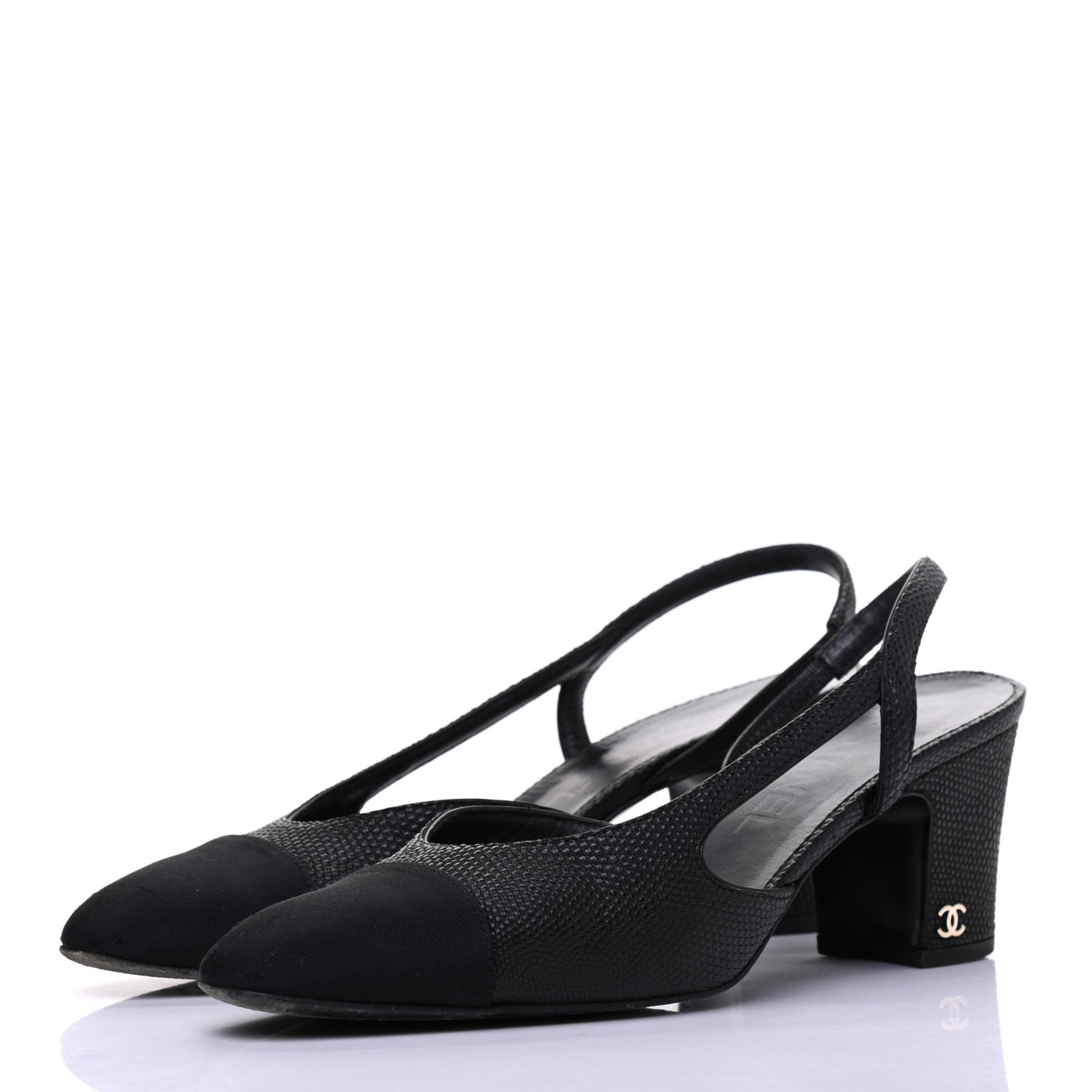 Lizard Grosgrain Cap Toe CC Slingback Sandals 37.5 Black