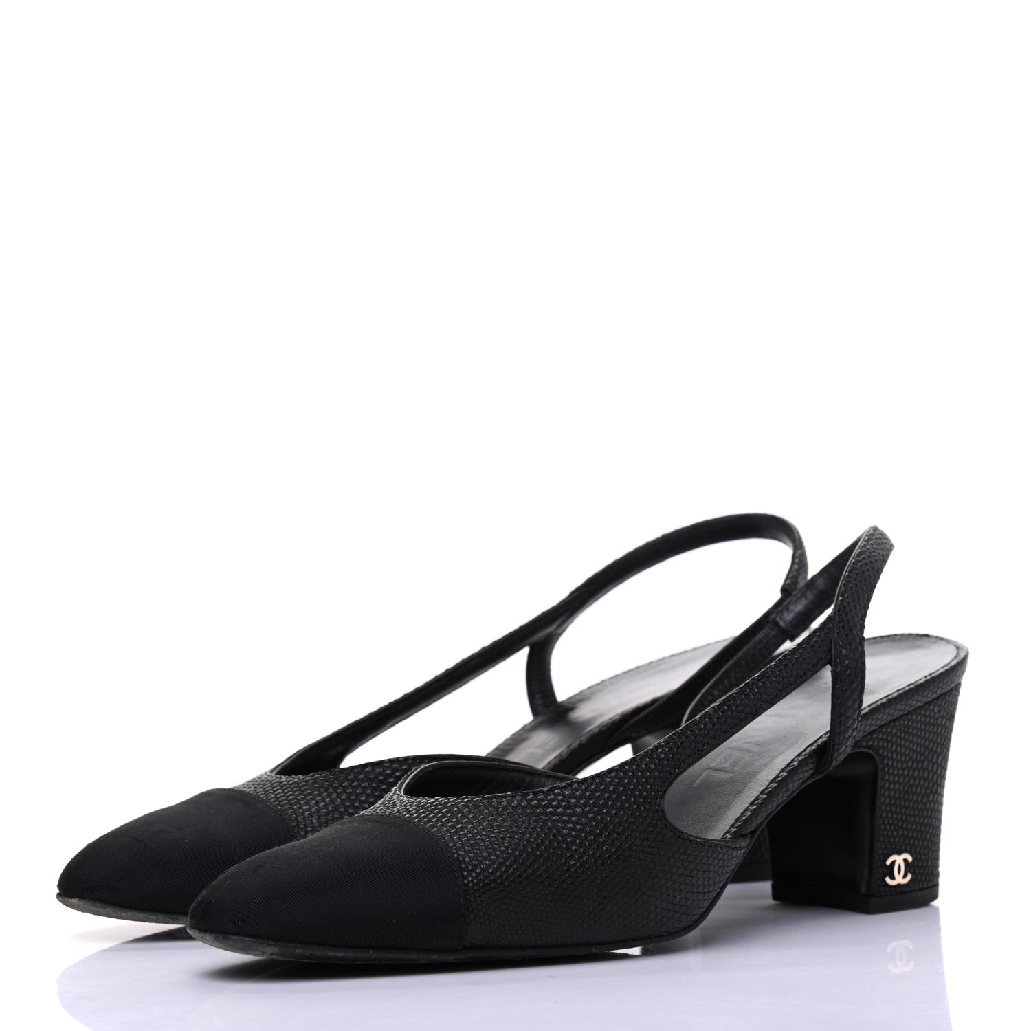 Chanel Lizard Grosgrain Cap Toe CC Slingback Sandals 37.5 Black 3 of 18