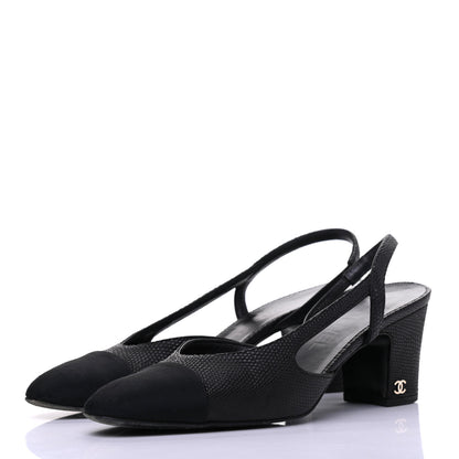 Chanel Lizard Grosgrain Cap Toe CC Slingback Sandals 37.5 Black 3 of 18