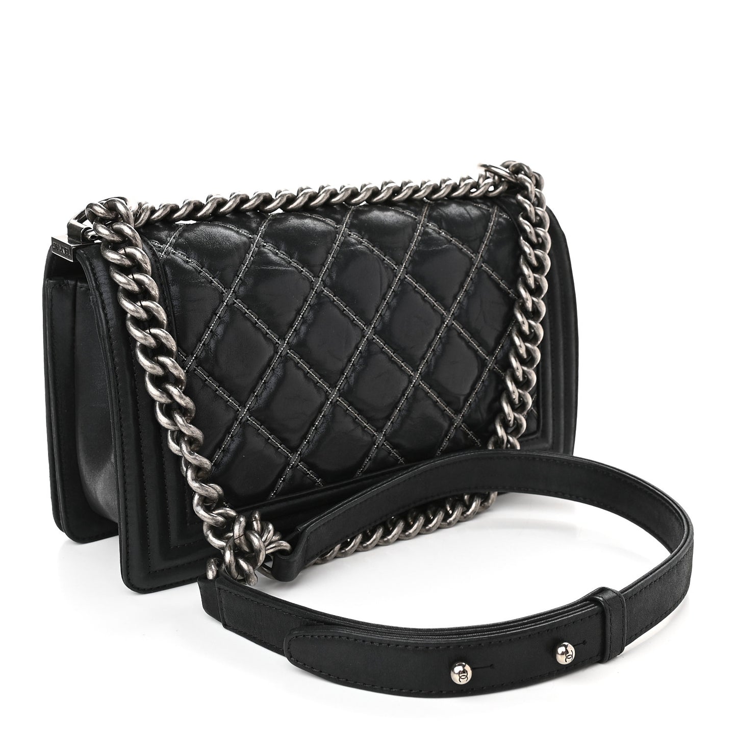 Iridescent Calfskin Embellished Double Stitch Medium Boy Flap Black