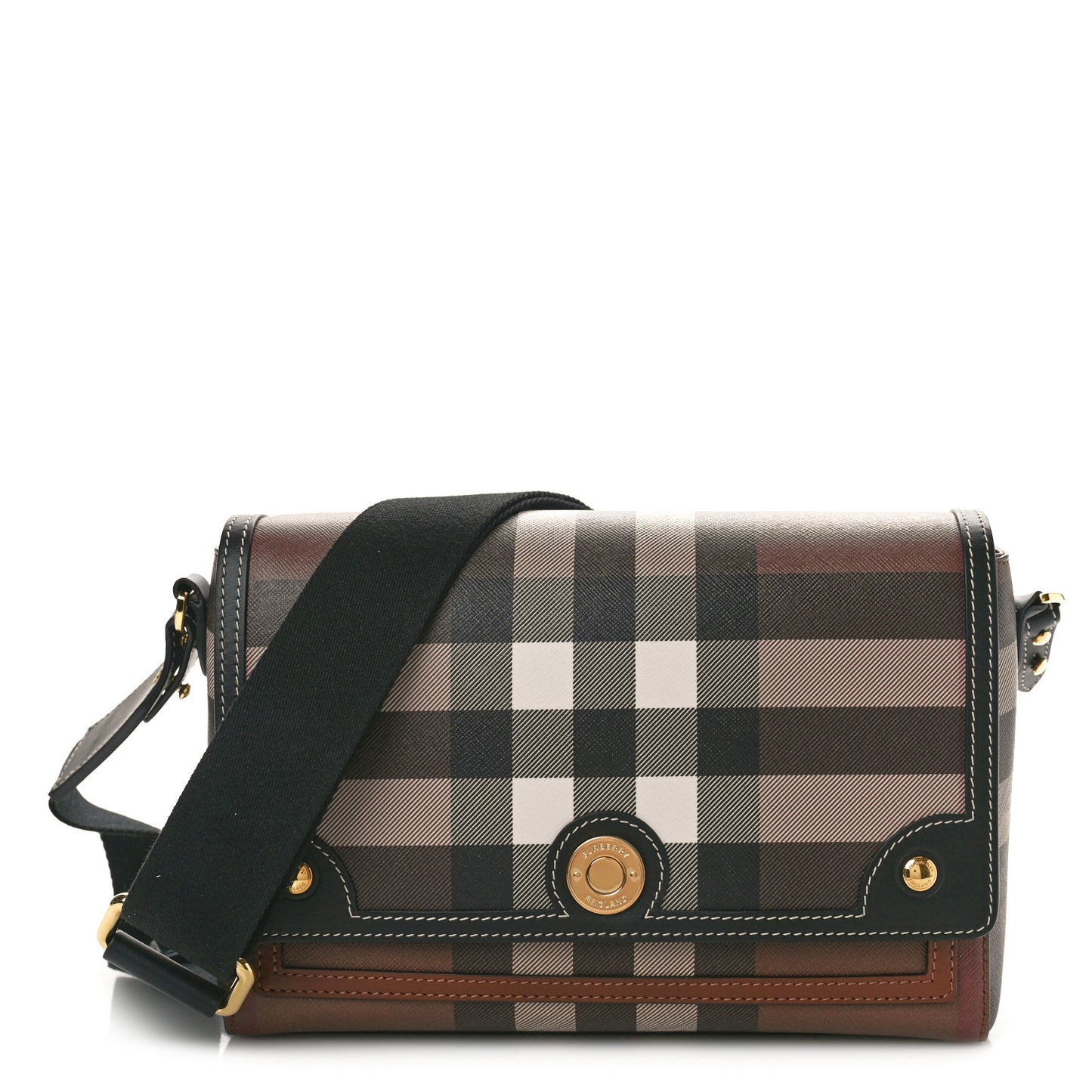 Calfskin Giant Check E-Canvas Note Crossbody Bag Dark Birch Brown