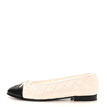 Chanel Lambskin Quilted CC Cap Toe Ballerina Flats 37.5 White Black 1 of 10