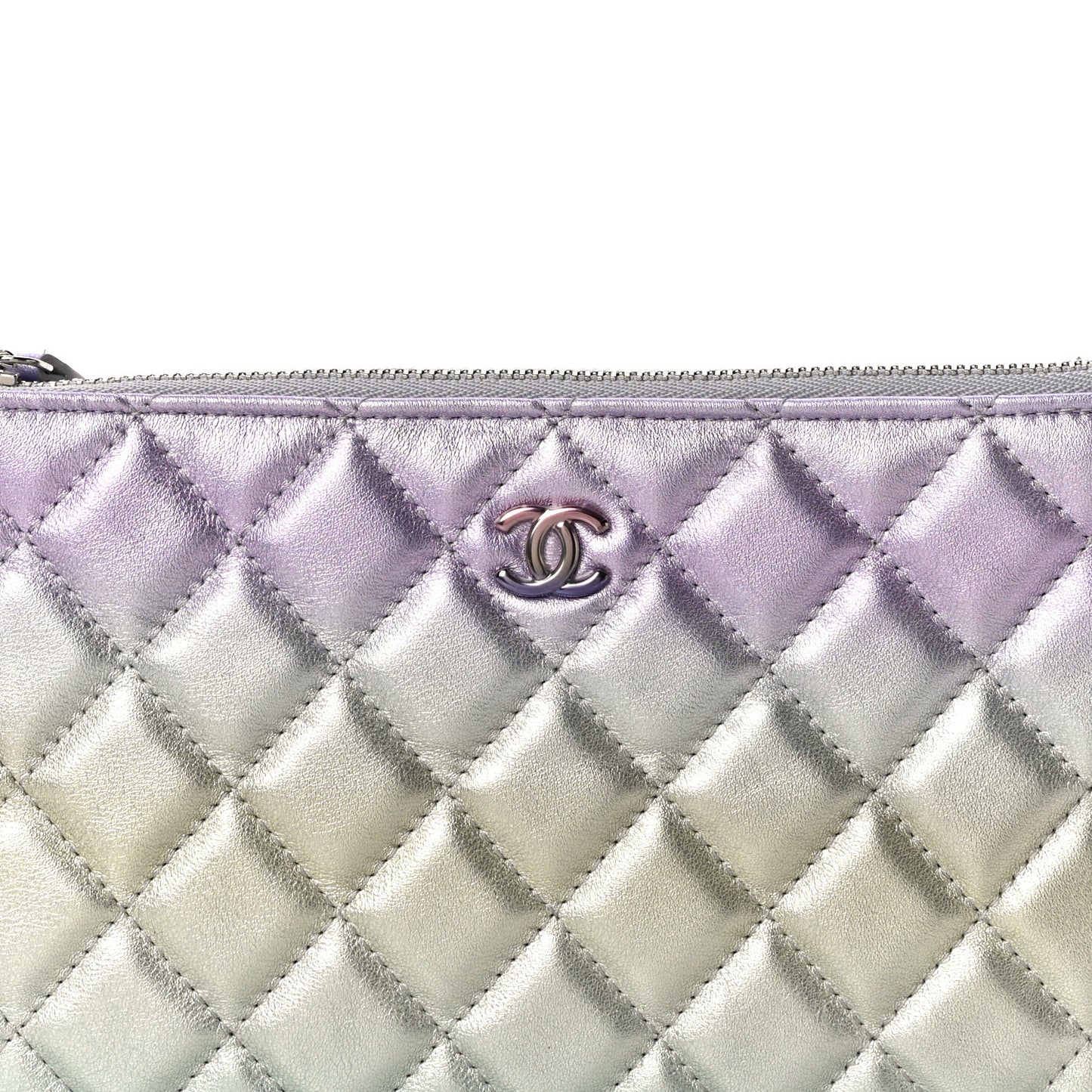 Gradient Metallic Calfskin Quilted Cosmetic Case Silver Blue Yellow Purple