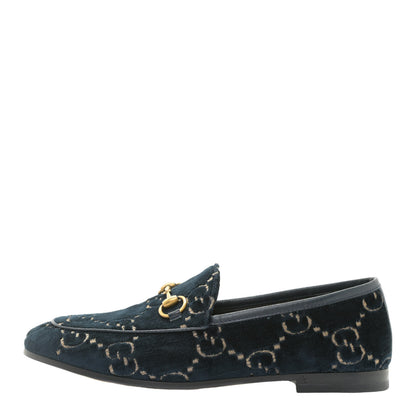 Gucci Velvet GG Monogram Horsebit Womens Jordaan Loafers 36 Blue Beige 1 of 12