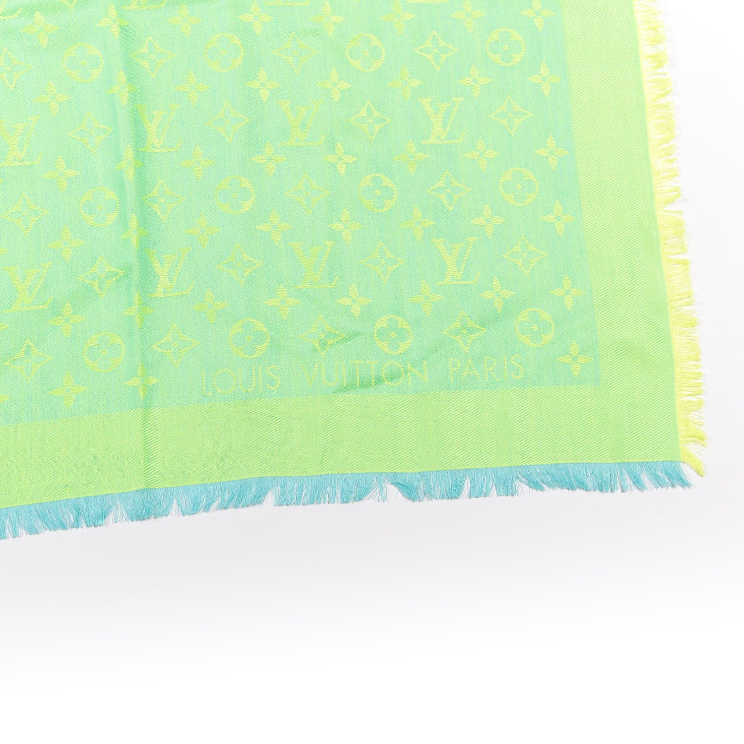 Louis Vuitton Silk Wool Monogram Denim Shawl Blue Yellow Fluo 3 of 4