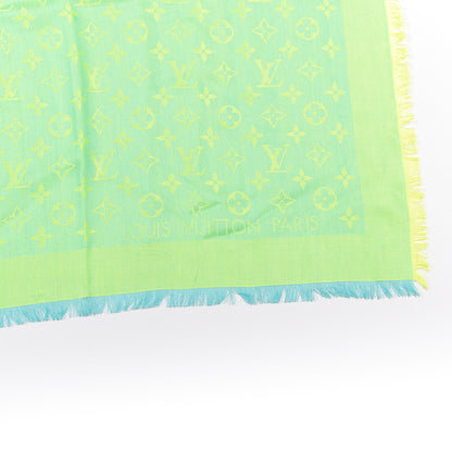 Louis Vuitton Silk Wool Monogram Denim Shawl Blue Yellow Fluo 3 of 4