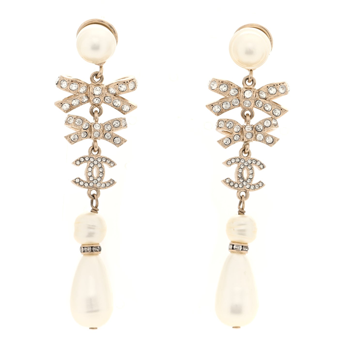 Crystal Pearl Bow CC Drop Earrings Light Gold