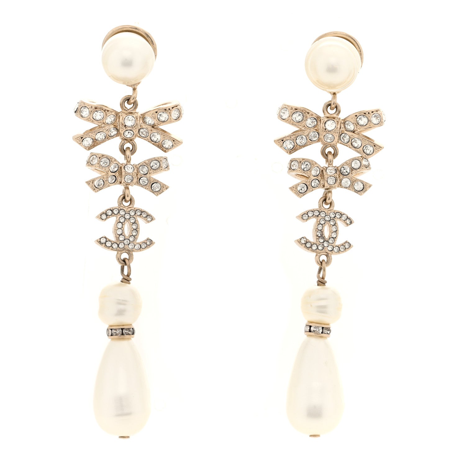 Chanel Crystal Pearl Bow CC Drop Earrings Light Gold 1 of 4