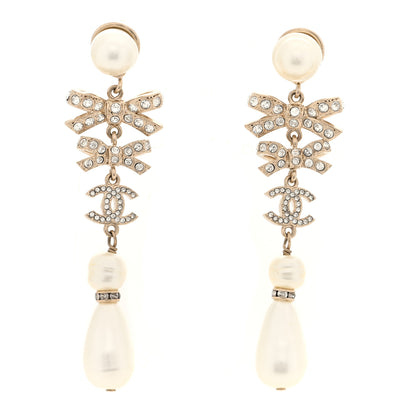Chanel Crystal Pearl Bow CC Drop Earrings Light Gold 1 of 4