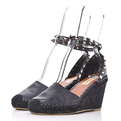 Valentino Garavani Grained Calfskin Rockstud Ankle Wrap Espadrille 15/75mm Wedges 36 Deep Denim 3 of 12