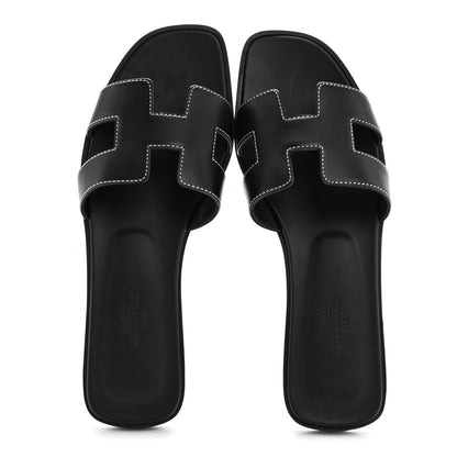 Hermes Box Calfskin Oran Sandals 37.5 Black 4 of 22