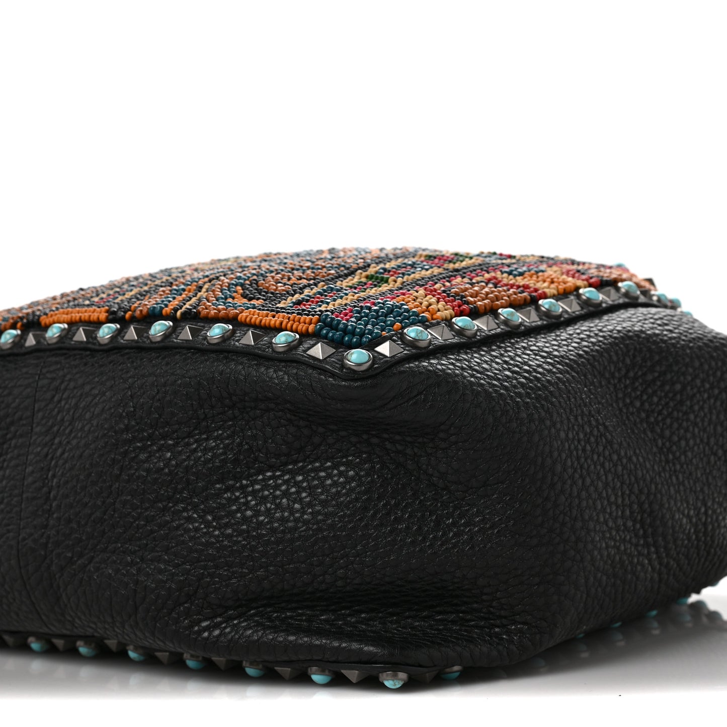 Pebbled Calfskin Beaded Guitar Strap Rockstud Rolling Tote Bag Black