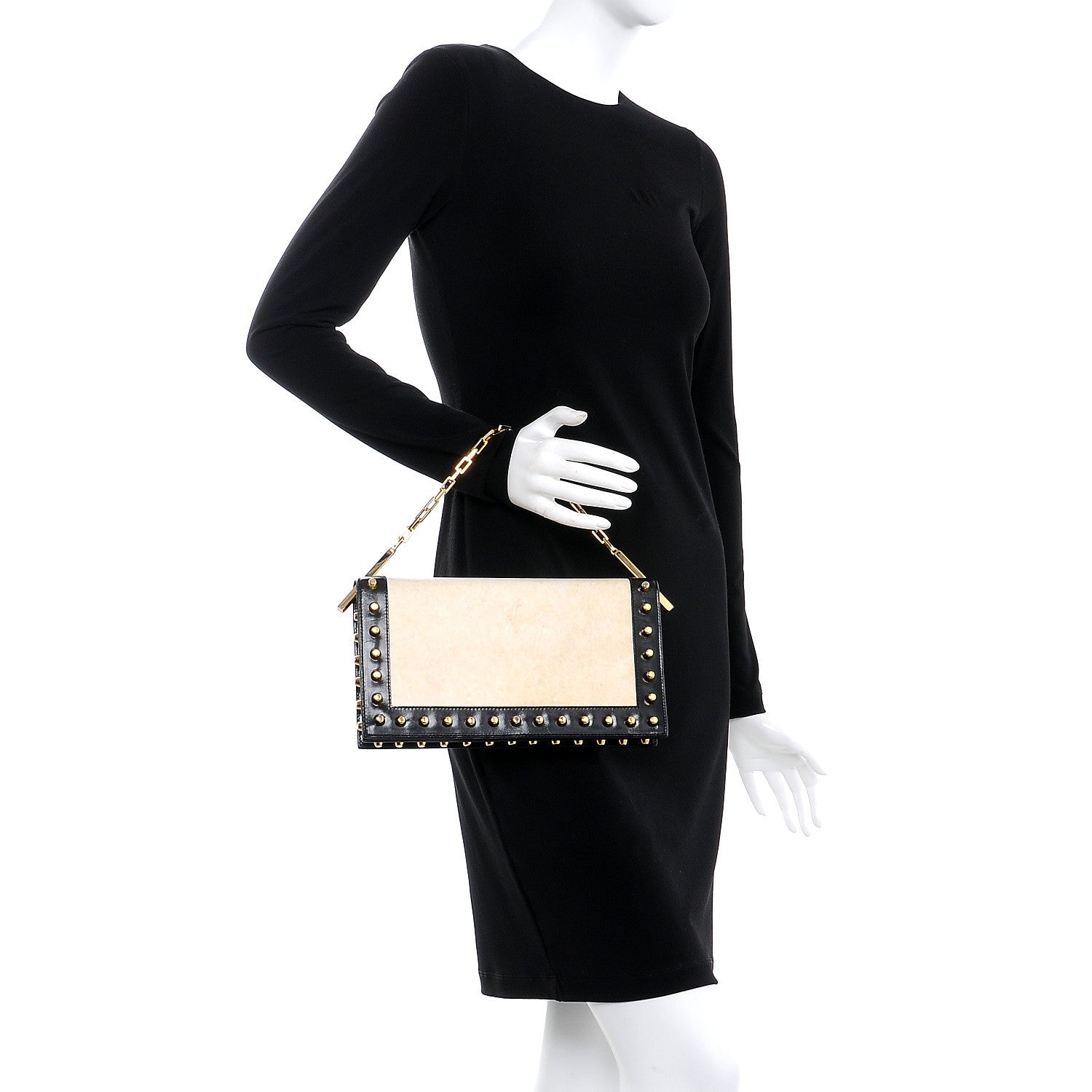 Fendi Parchment Calfskin Studded Shoulder Bag Black 2 of 7