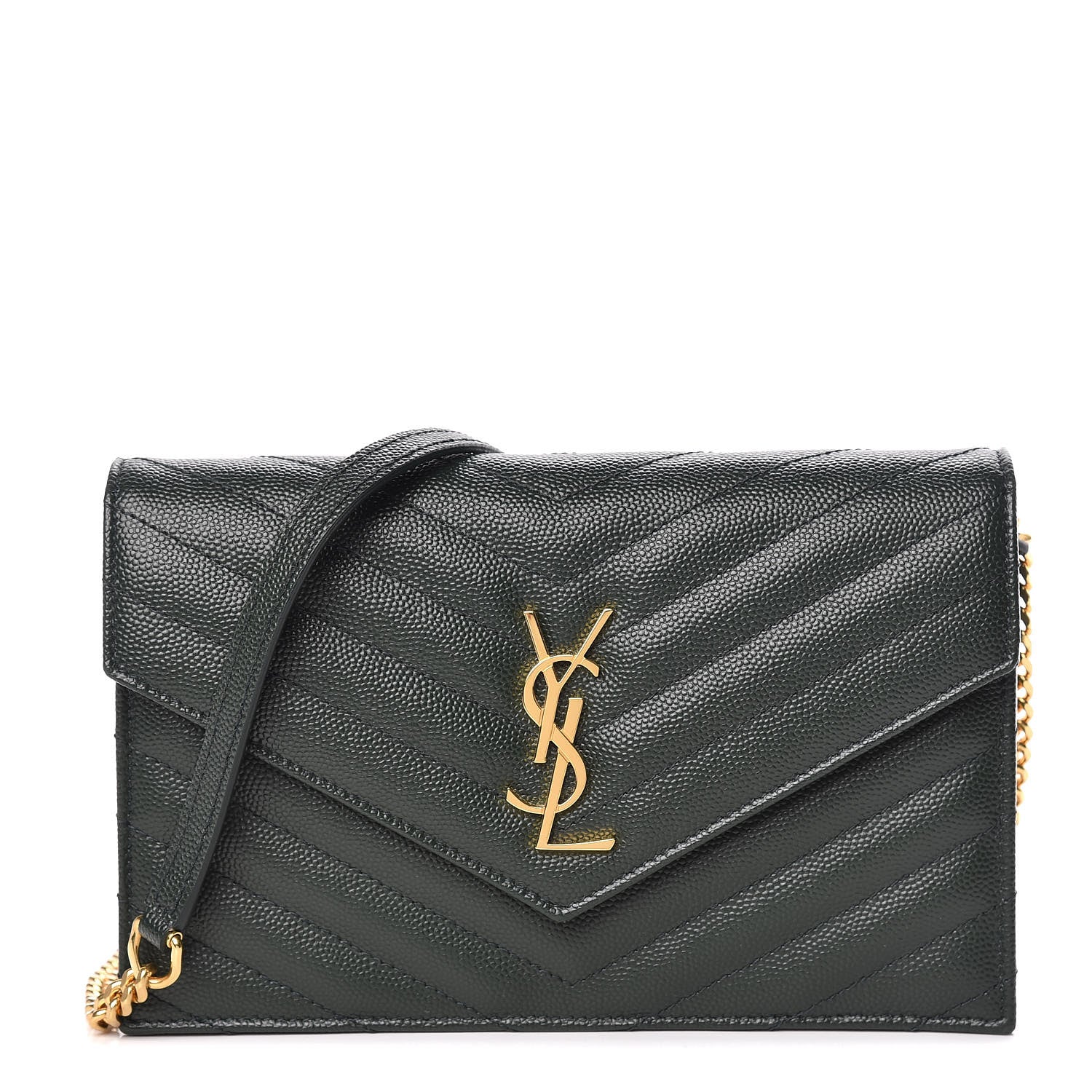 Saint Laurent Grain De Poudre Matelasse Chevron Monogram Envelope Chain Wallet Dark Green 1 of 9
