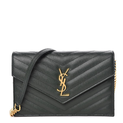 Saint Laurent Grain De Poudre Matelasse Chevron Monogram Envelope Chain Wallet Dark Green 1 of 9