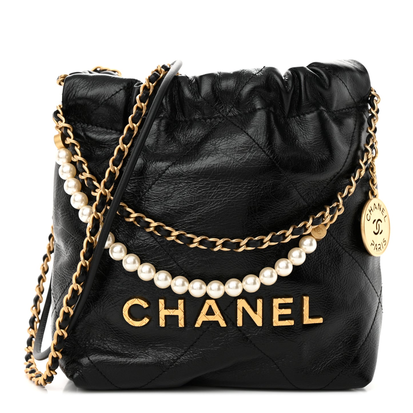 Shiny Crumpled Calfskin Quilted Pearl Mini Chanel 22 Black