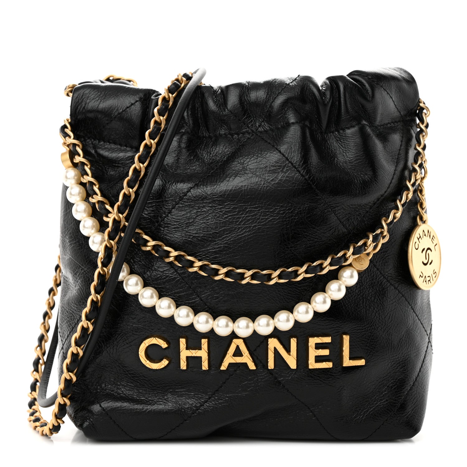 Chanel Shiny Crumpled Calfskin Quilted Pearl Mini Chanel 22 Black 1 of 11