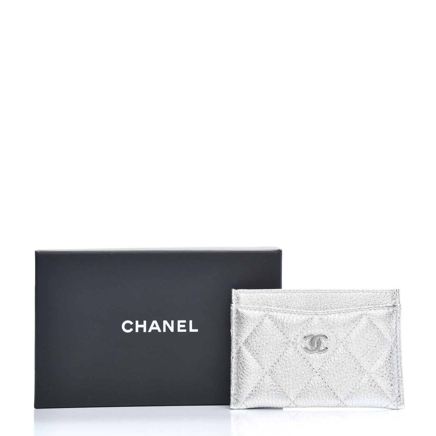 Metallic Lambskin Quilted Card Holder Silver