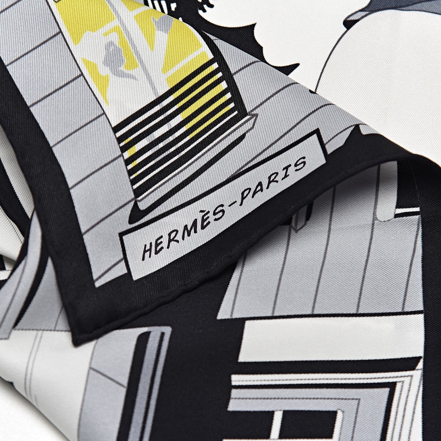 Hermes Silk Minuit Au Faubourg Scarf 70 Anthracite Blanc Jaune Vif 4 of 7
