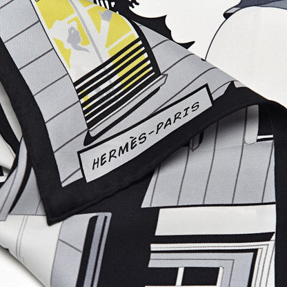 Hermes Silk Minuit Au Faubourg Scarf 70 Anthracite Blanc Jaune Vif 4 of 7