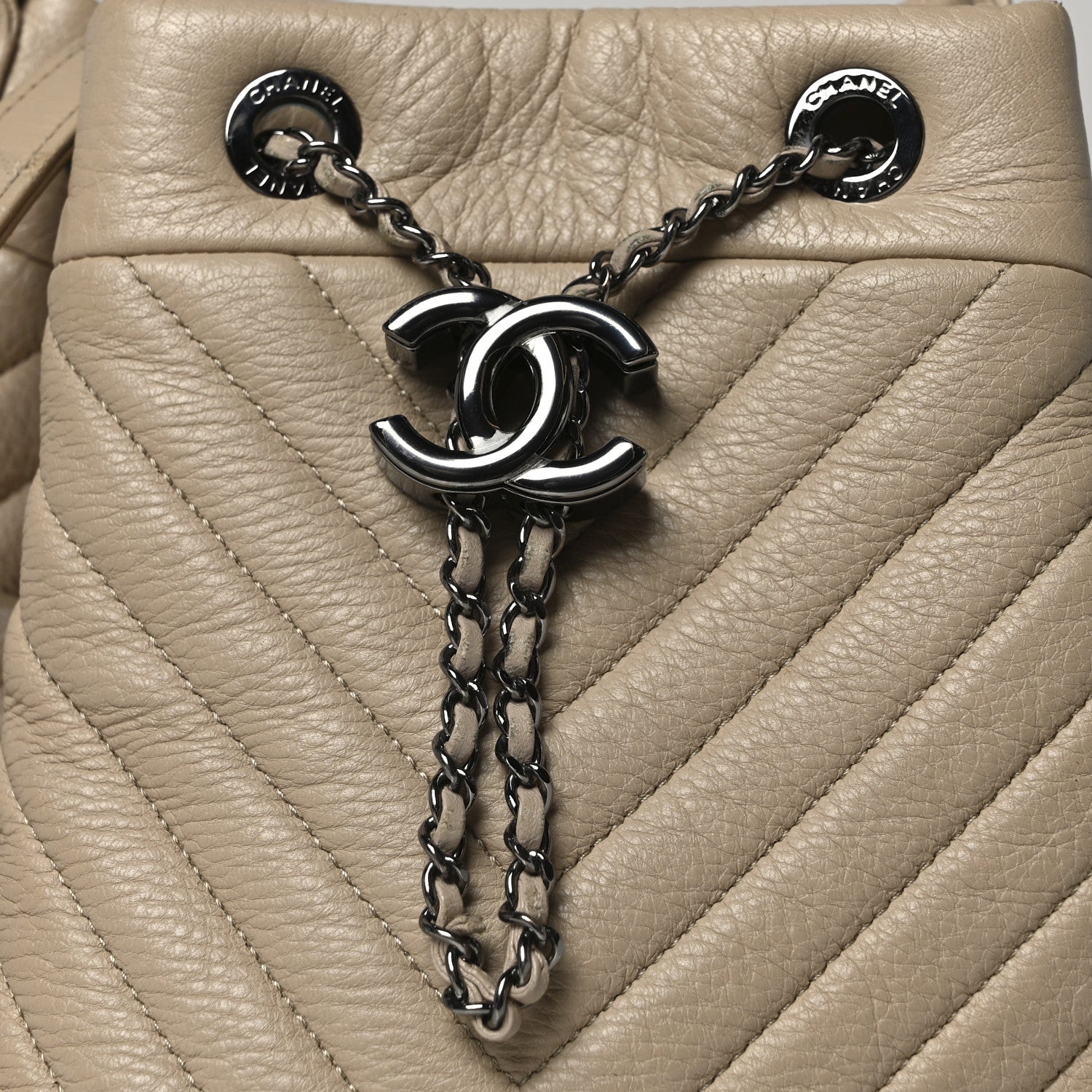 Chanel Deerskin Chevron Small CC Chain Bucket Bag Beige 8 of 10