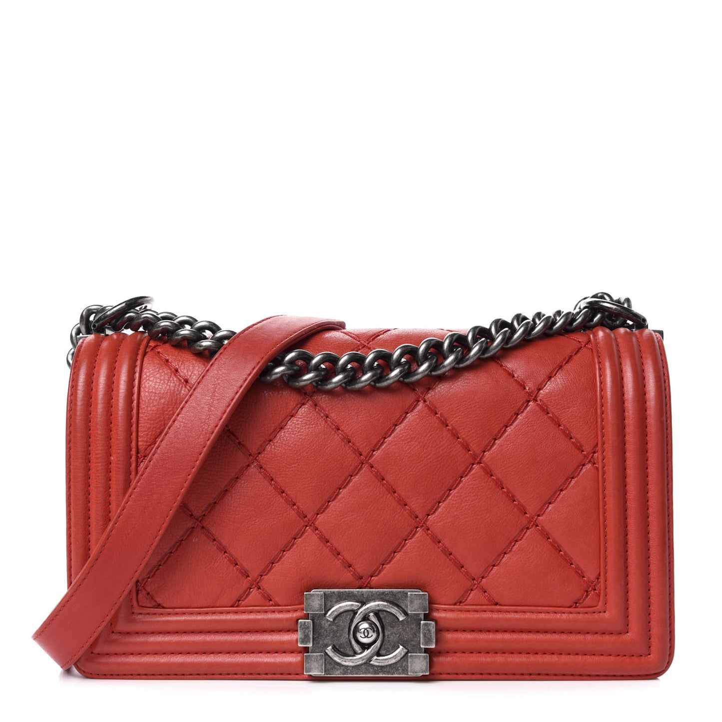 Calfskin Quilted Double Stitch Medium Boy Flap Red