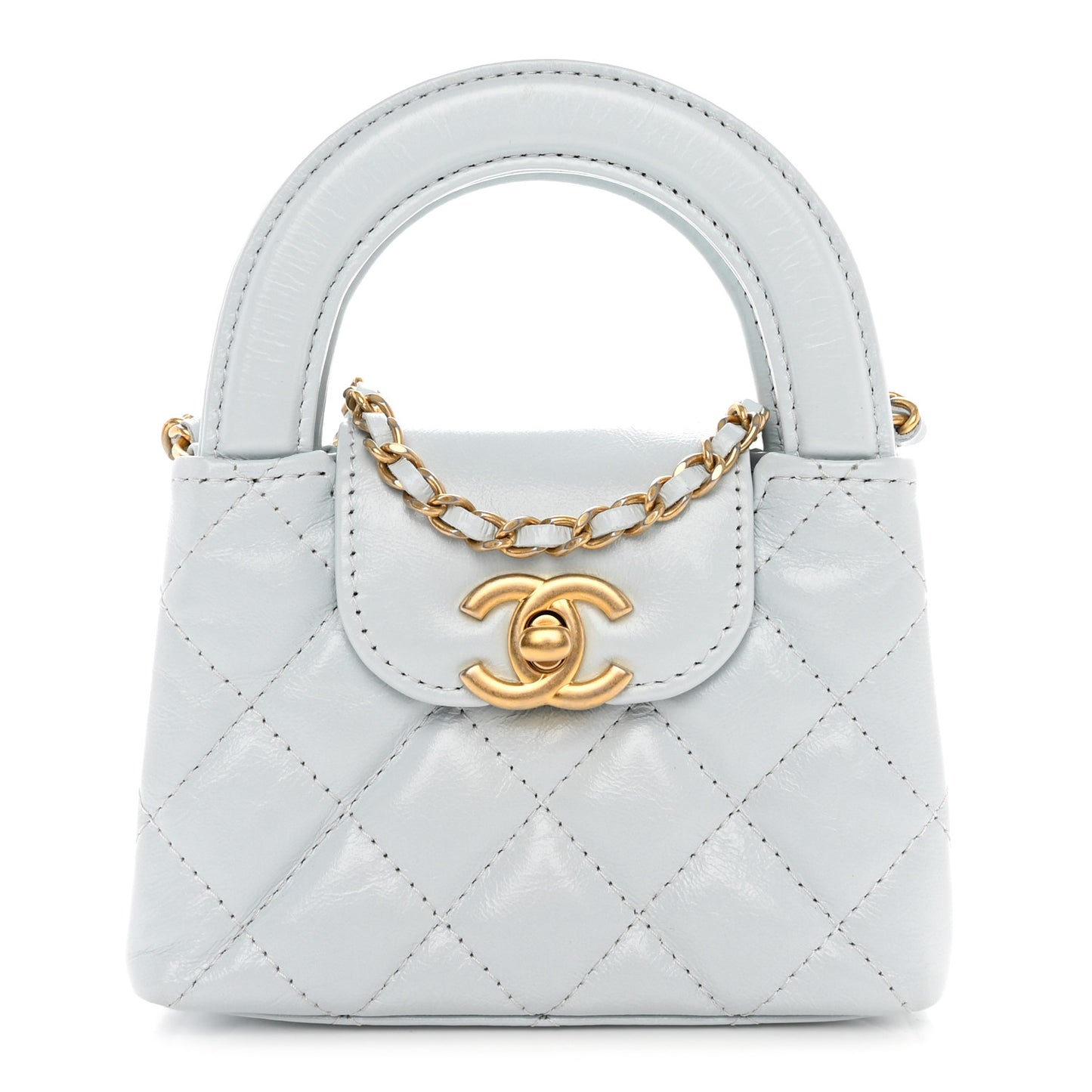 Shiny Aged Calfskin Quilted Mini Nano Kelly Shopper Light Blue