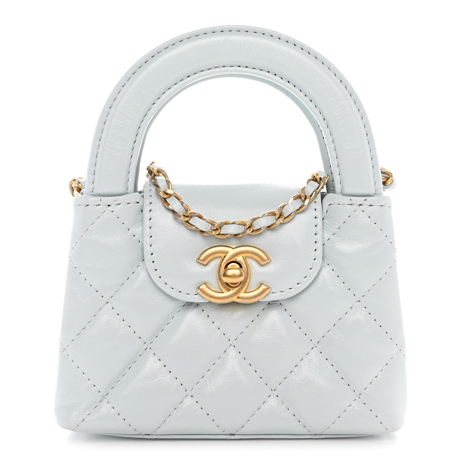 Chanel Shiny Aged Calfskin Quilted Mini Nano Kelly Shopper Light Blue 1 of 10