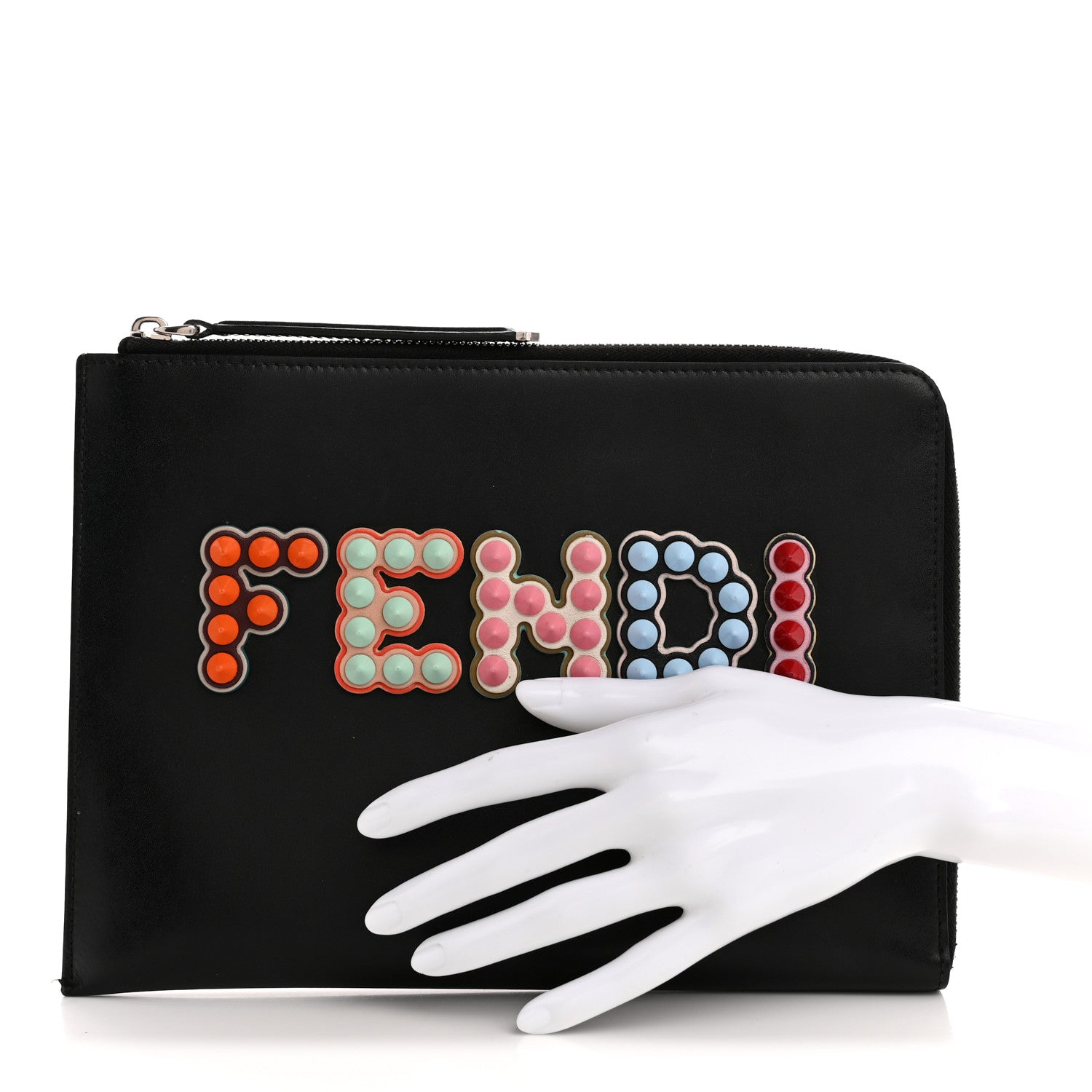 Fendi Vitello Liberty Fun Fair Studded Zip Around Pouch Black Multicolor 2 of 12