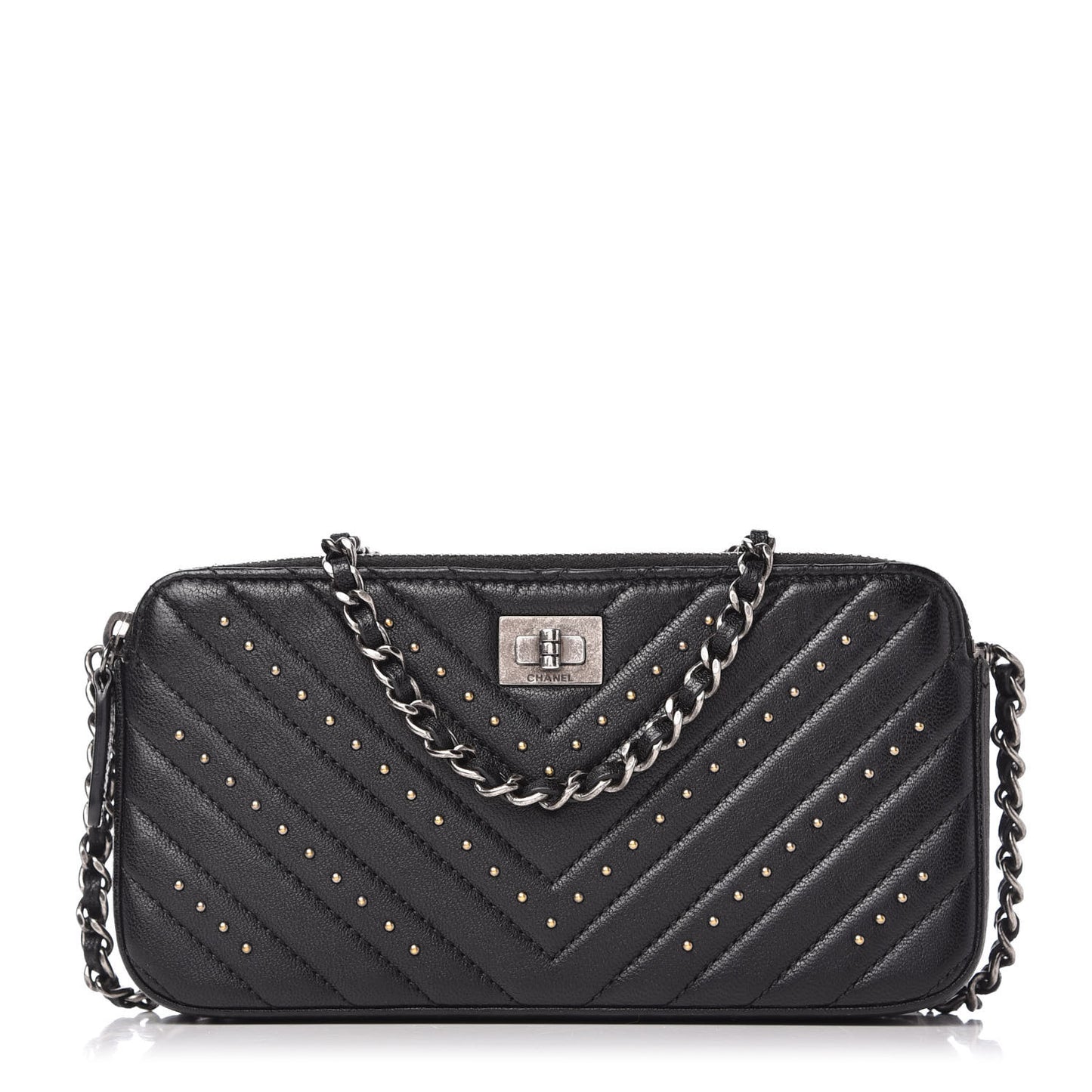 Sheepskin Chevron Quilted Studded Reissue Small Clutch With Chain Black
