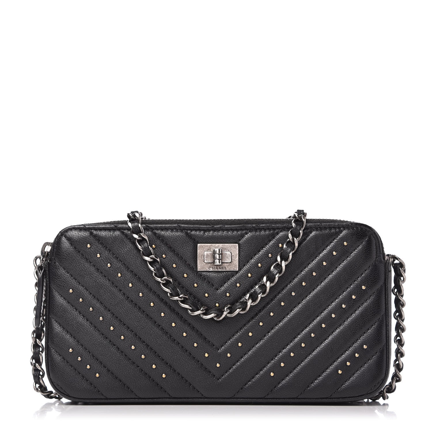 Chanel Sheepskin Chevron Quilted Studded Reissue Small Clutch With Chain Black 1 of 11