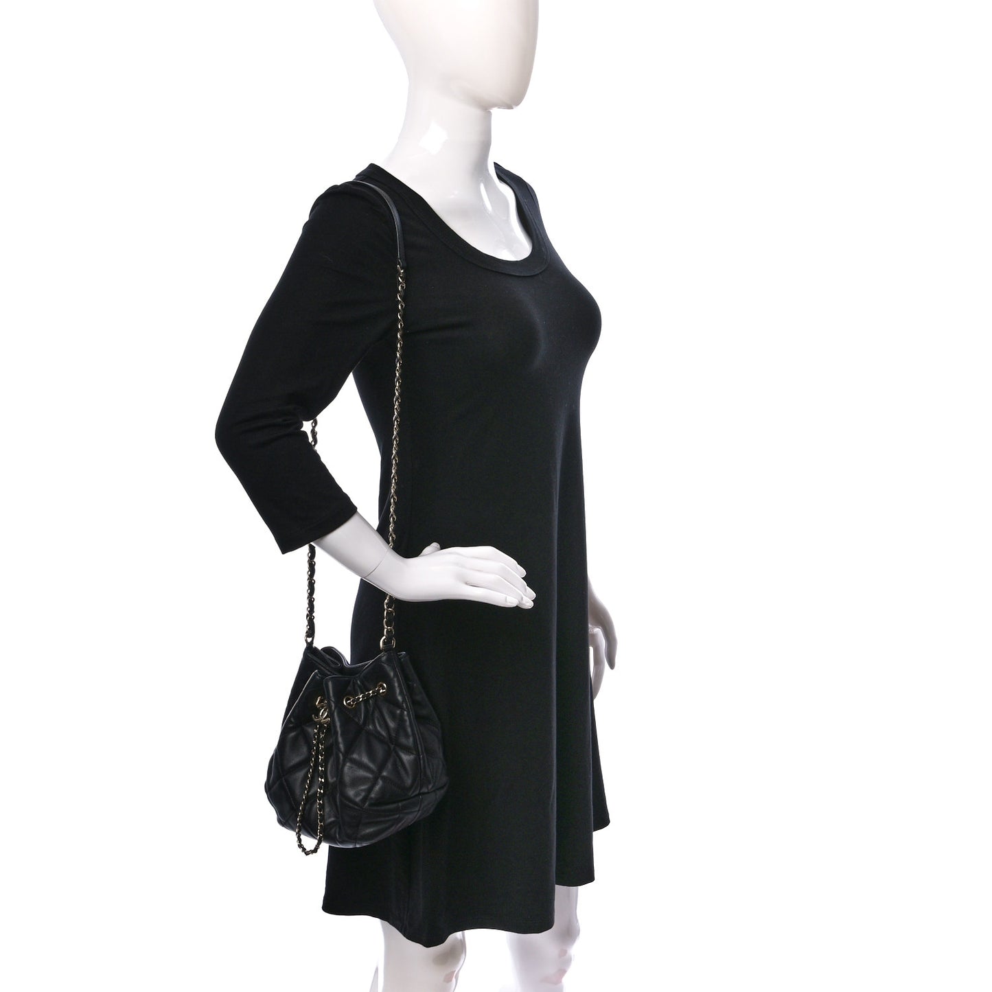 Lambskin Quilted CC Dweller Drawstring Bucket Bag Black