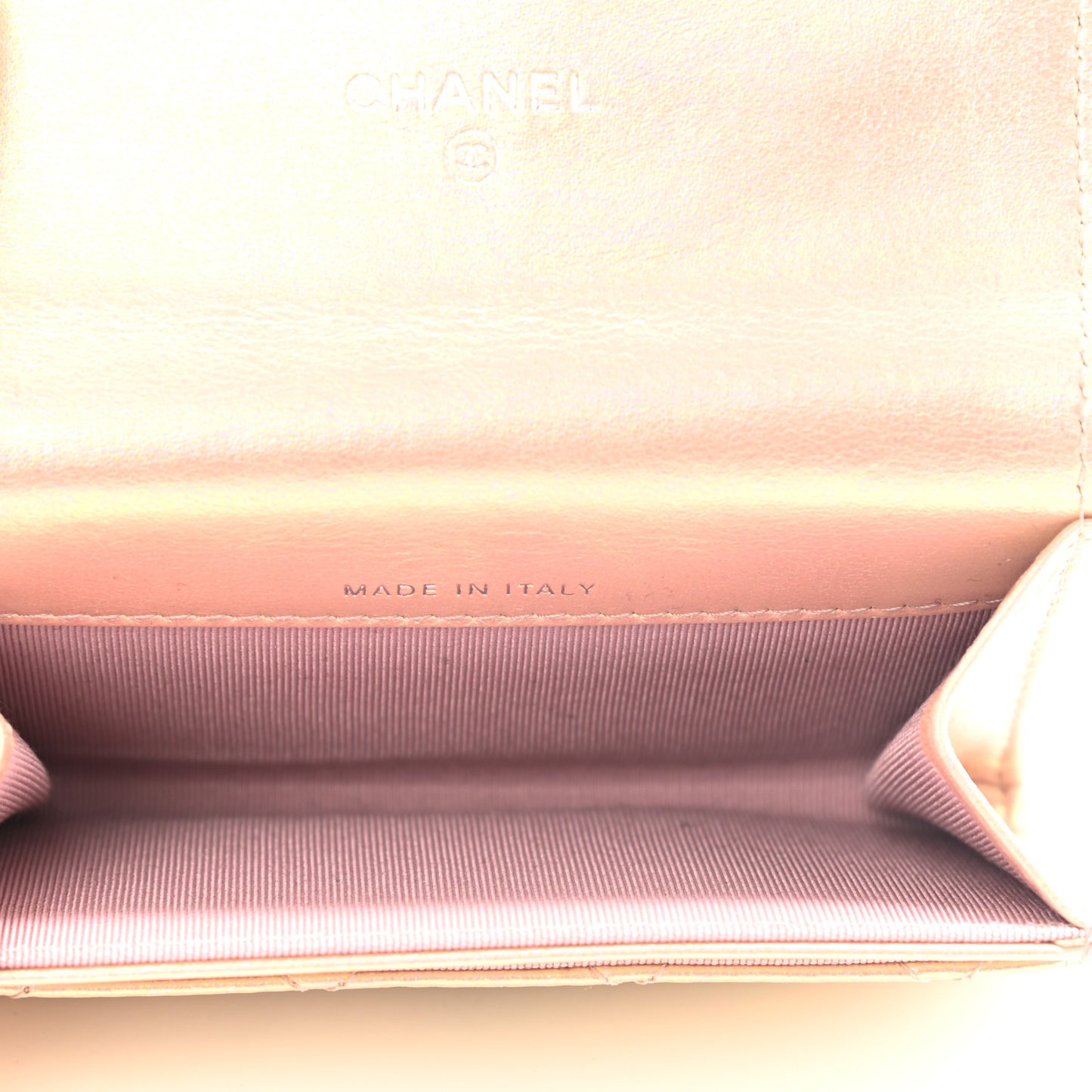 Iridescent Calfskin Quilted Flap Card Holder Wallet Pink