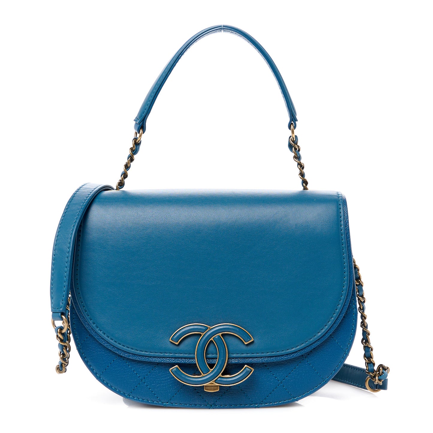 Shiny Calfskin Goatskin Quilted Medium Coco Curve Messenger Flap Navy